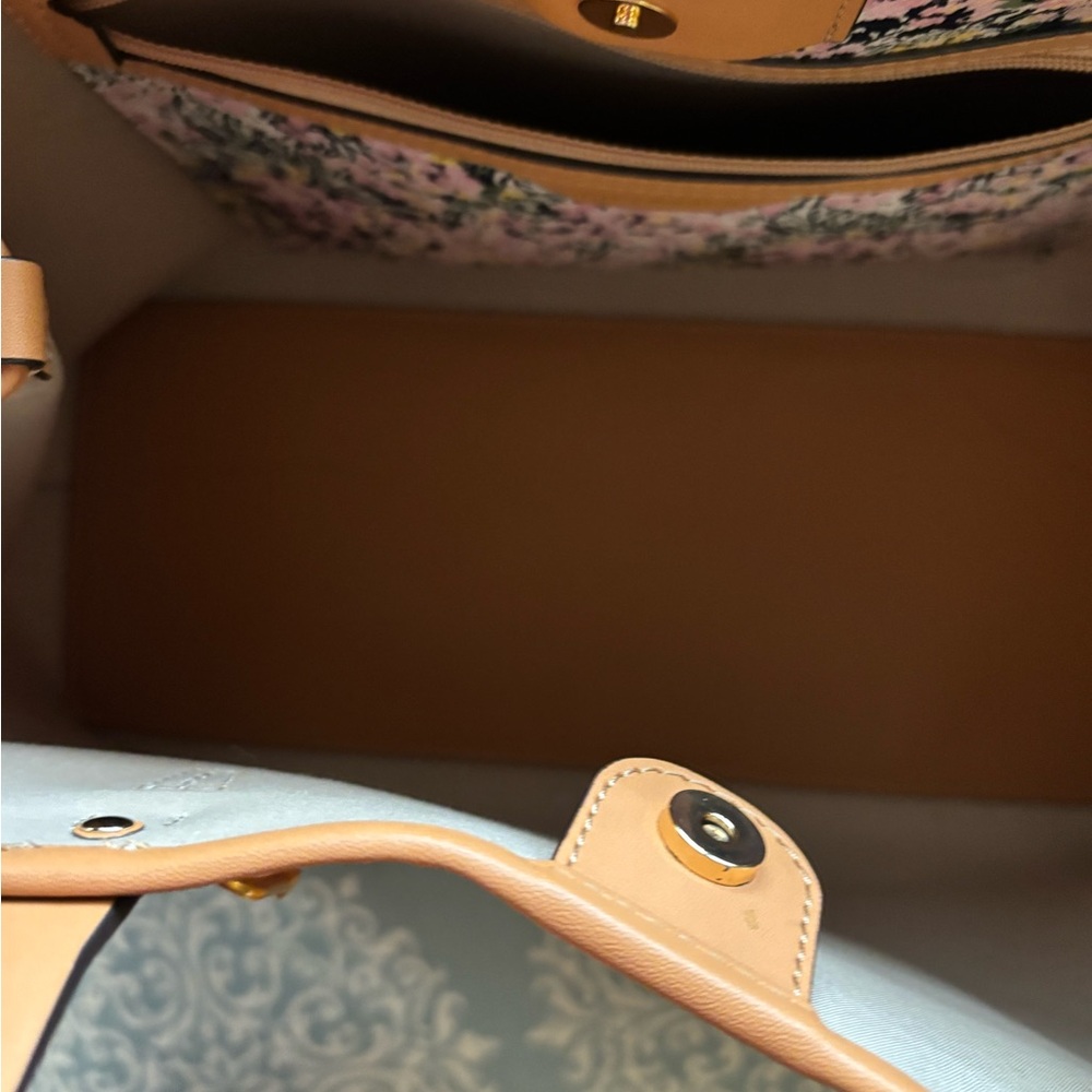 Tory Burch Pink Floral Canvas Tote with Tan Leather Handles and Gold Charm - Picture 3 of 6